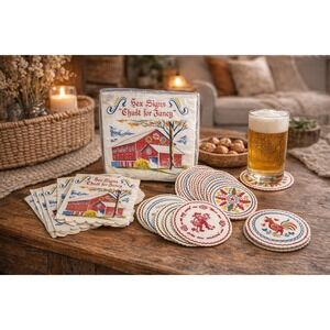 Vintage Pennsylvania Dutch Hex Signs Napkins and Coasters Set Amish